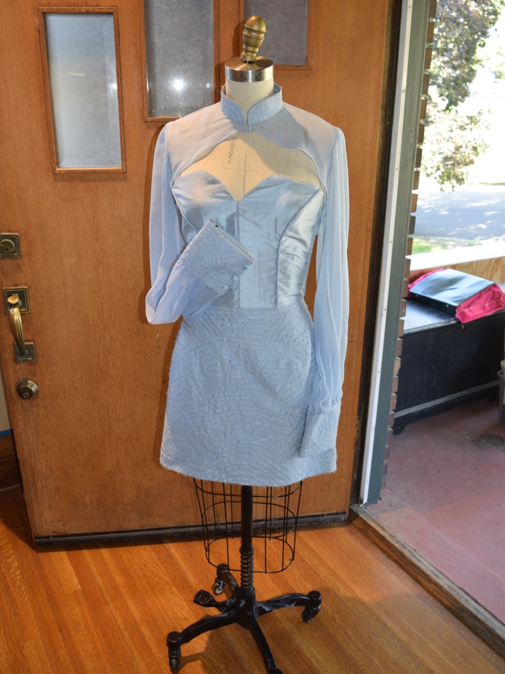 Ice blue colored silk cocktail dress